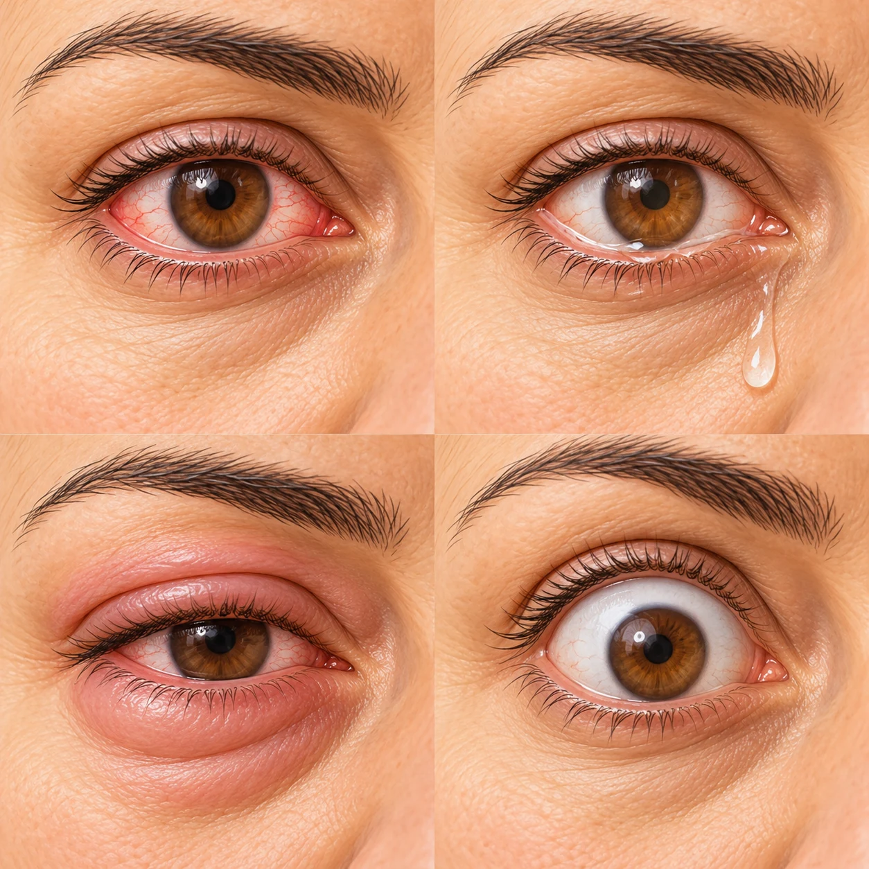 Four original educational eye illustrations: redness at top left, watering at top right, swelling at bottom left and lid retraction at bottom right. These are not photographs or diagnostic examples.